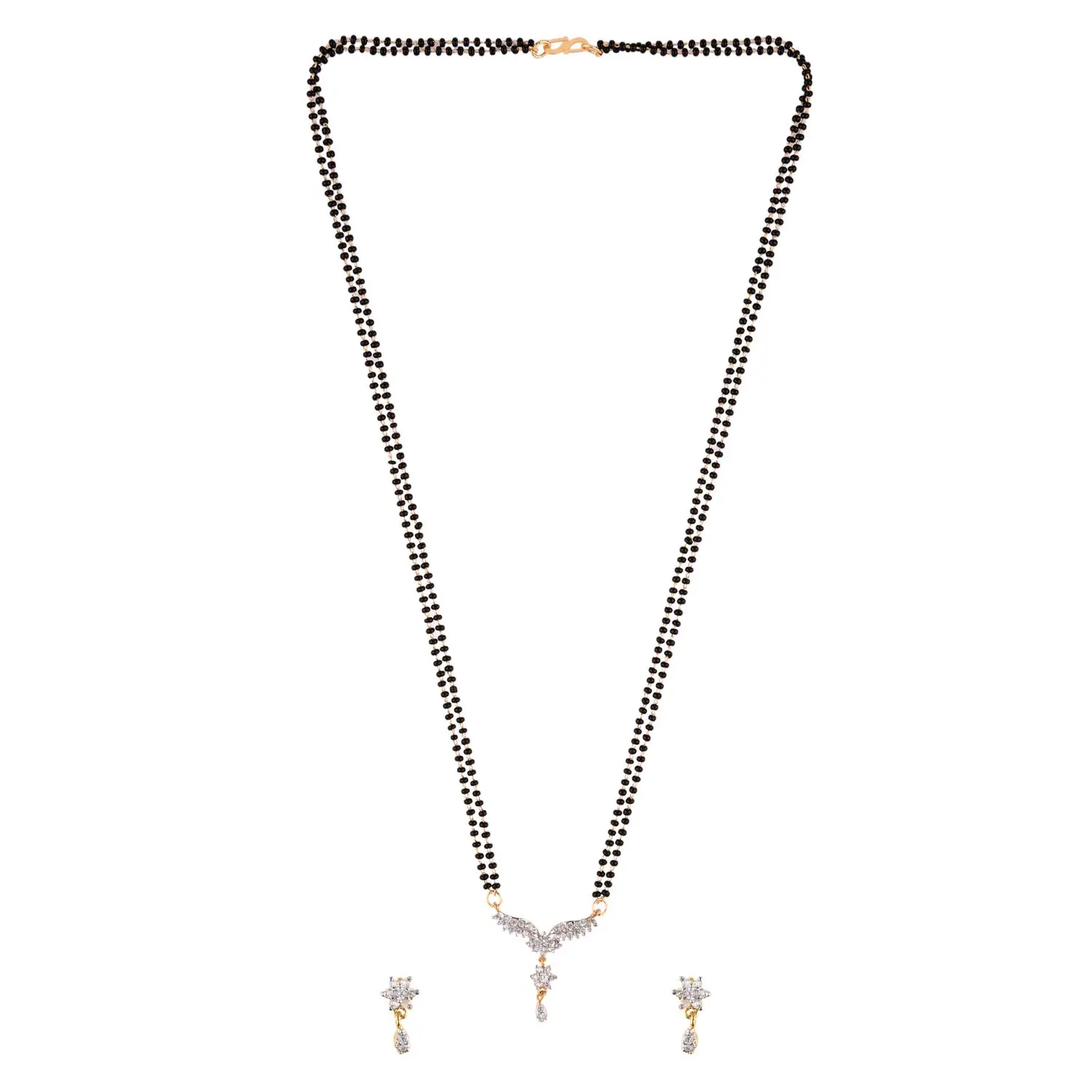 Mangalsutra Indian Black Beaded CZ Cubic Zirconia Pendant Necklace Earrings Jewelry for Women