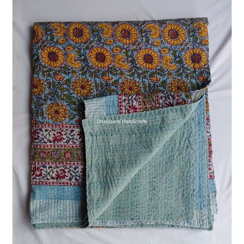 Разноцветное индийское Хлопковое одеяло Kantha с цветочным принтом ручной работы красивое цветочное покрывало оптовая продажа светло-зеленое