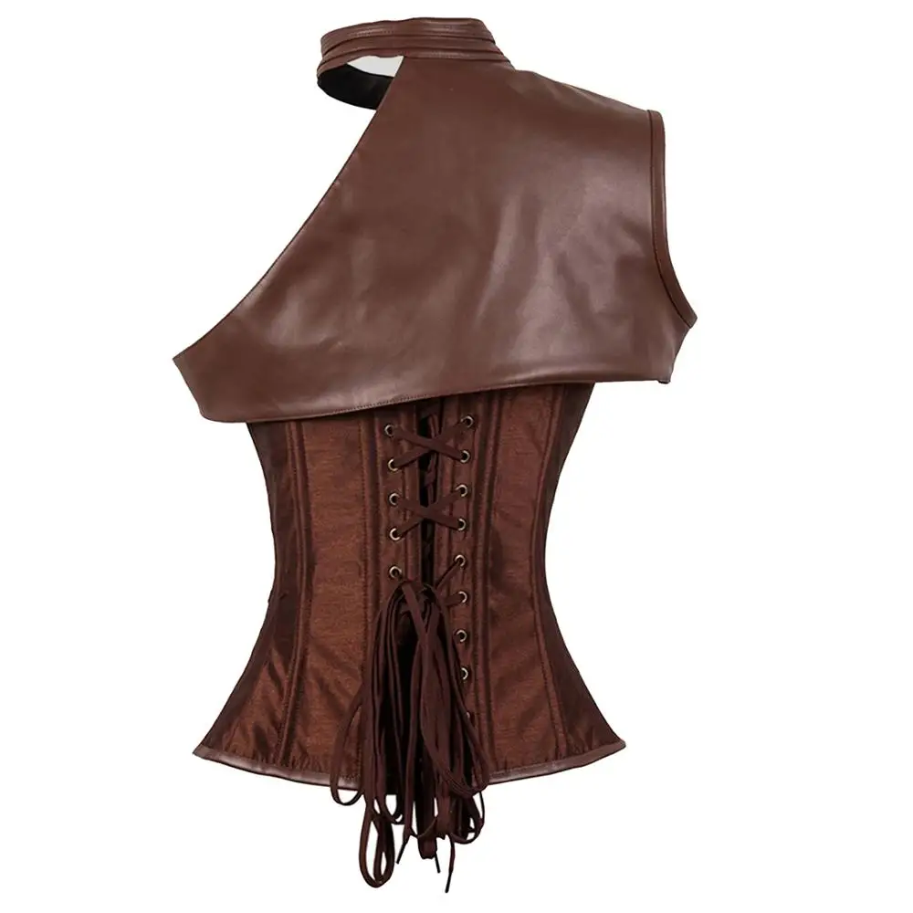 Steampunk Brown Steel Boned One-shoulder Leather sapr Stripe Shape Corset