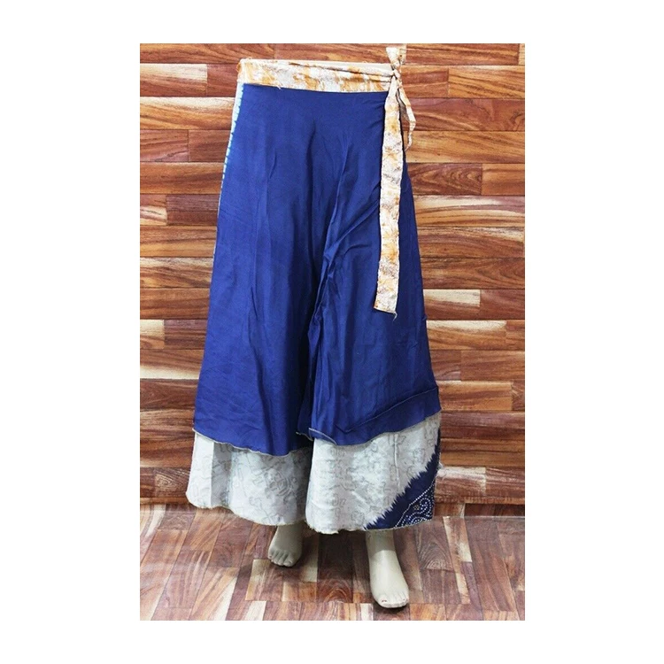 New Collection 2023 Fashion Summer Beach Skirts Blue Gray Indian Silk Sari Skirt Long Floral Printed Wrap Around Skirts