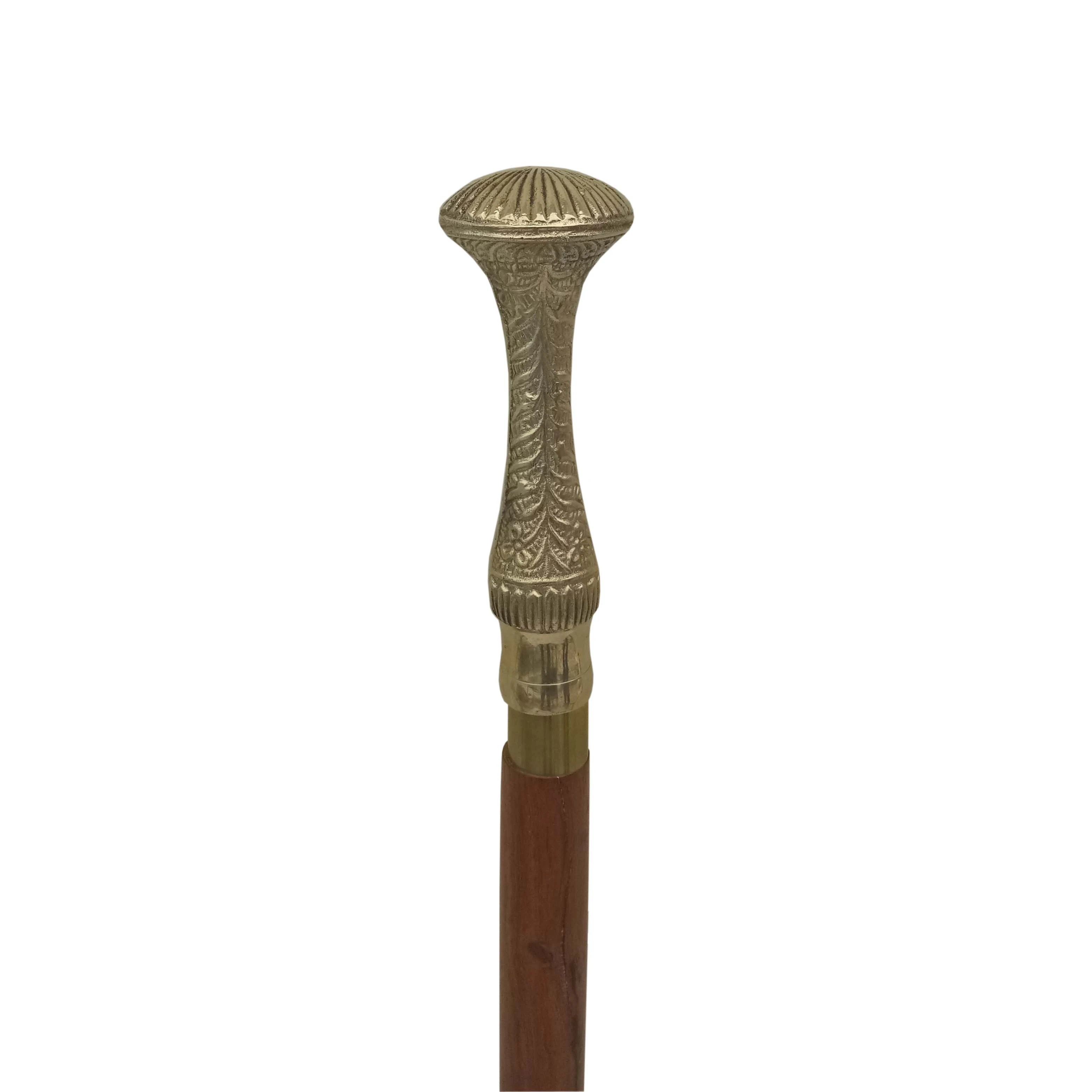 Solid Simple Brown Wooden Walking Stick with Brass Leaf Design Handle Fold-able Stick ~ Collectible Walking Cane