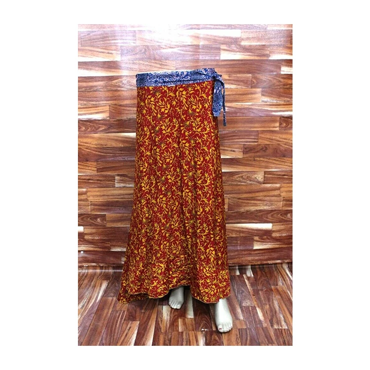 Women Indian Vintage Recycled Silk Sari Skirt Long Floral Printed Wrap Around Skirts with Belt in Beautiful Colors and Designs