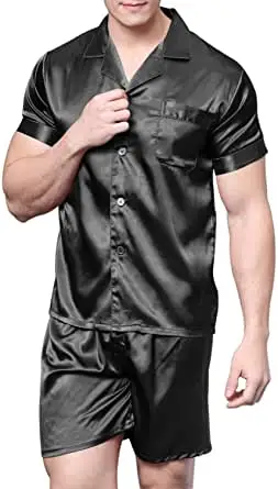 rounded neck Summer Satin Silk Pajamas Shorts Male Pajama Set Soft Nightgown for Men Silk Sleepwear Men sporting Sleepwear