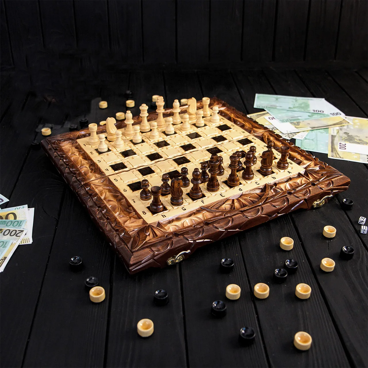 Handmade carved chess, checkers, backgammon 3 in 1 board game