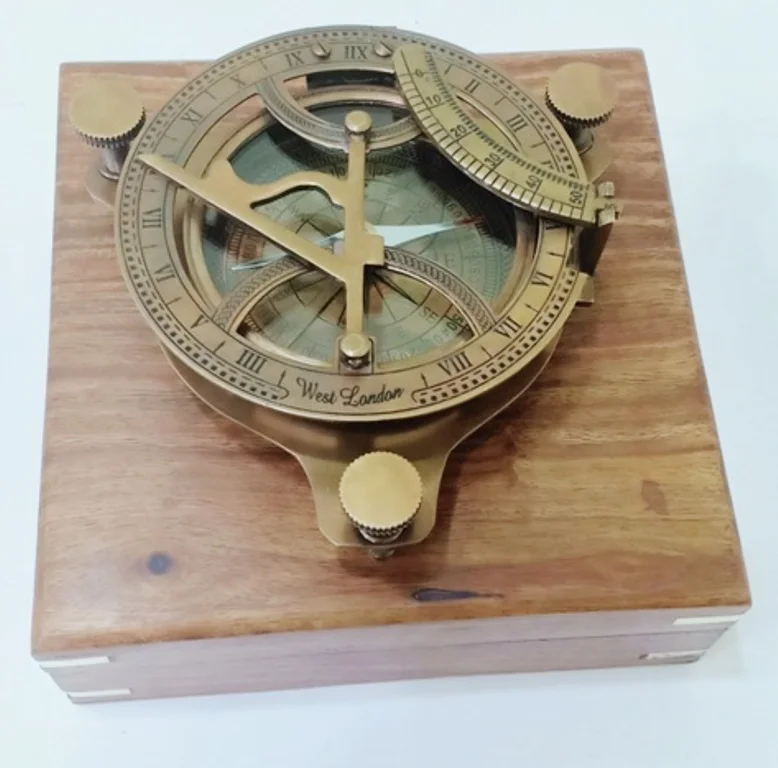 Античный латунный солнечный компас, 4 дюйма, коробка из натурального дерева