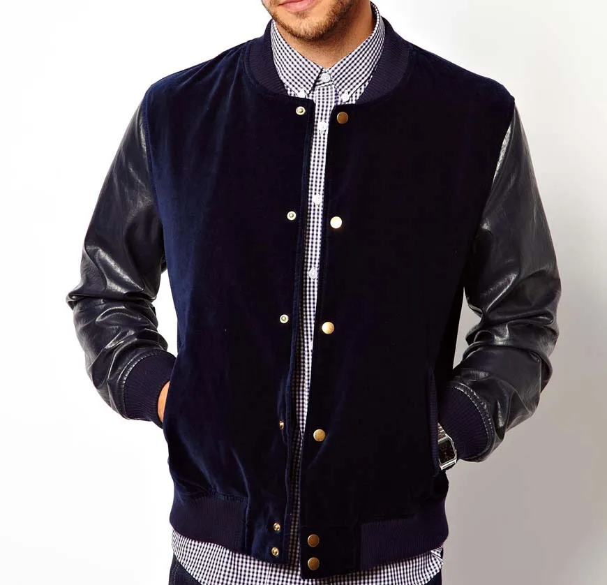 Navy velvet Varsity BOMBER BASEBALL Jacket - WHITE Leather Sleeves/wool varsity jackets for sports custom wholesale
