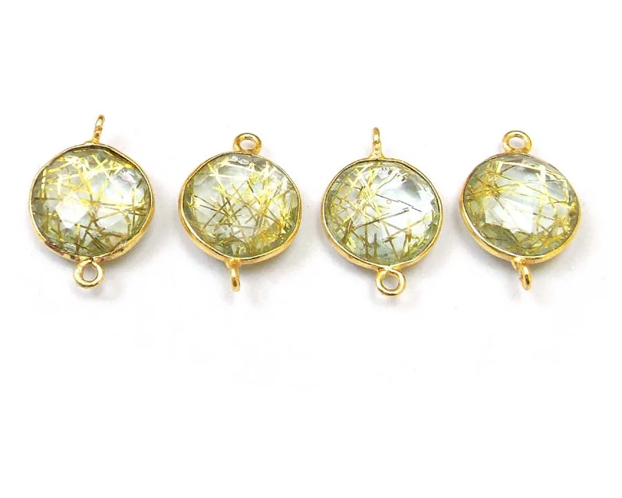 Golden Rutilated Gemstone With Gold Plated Round Shape Faceted Double Bail Vertical Loop Jewelry Making Bezel Connector