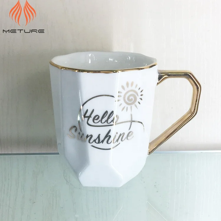Custom printing gold logo WHITE ceramic mug coffee cup with LID,gold handle,gold top
