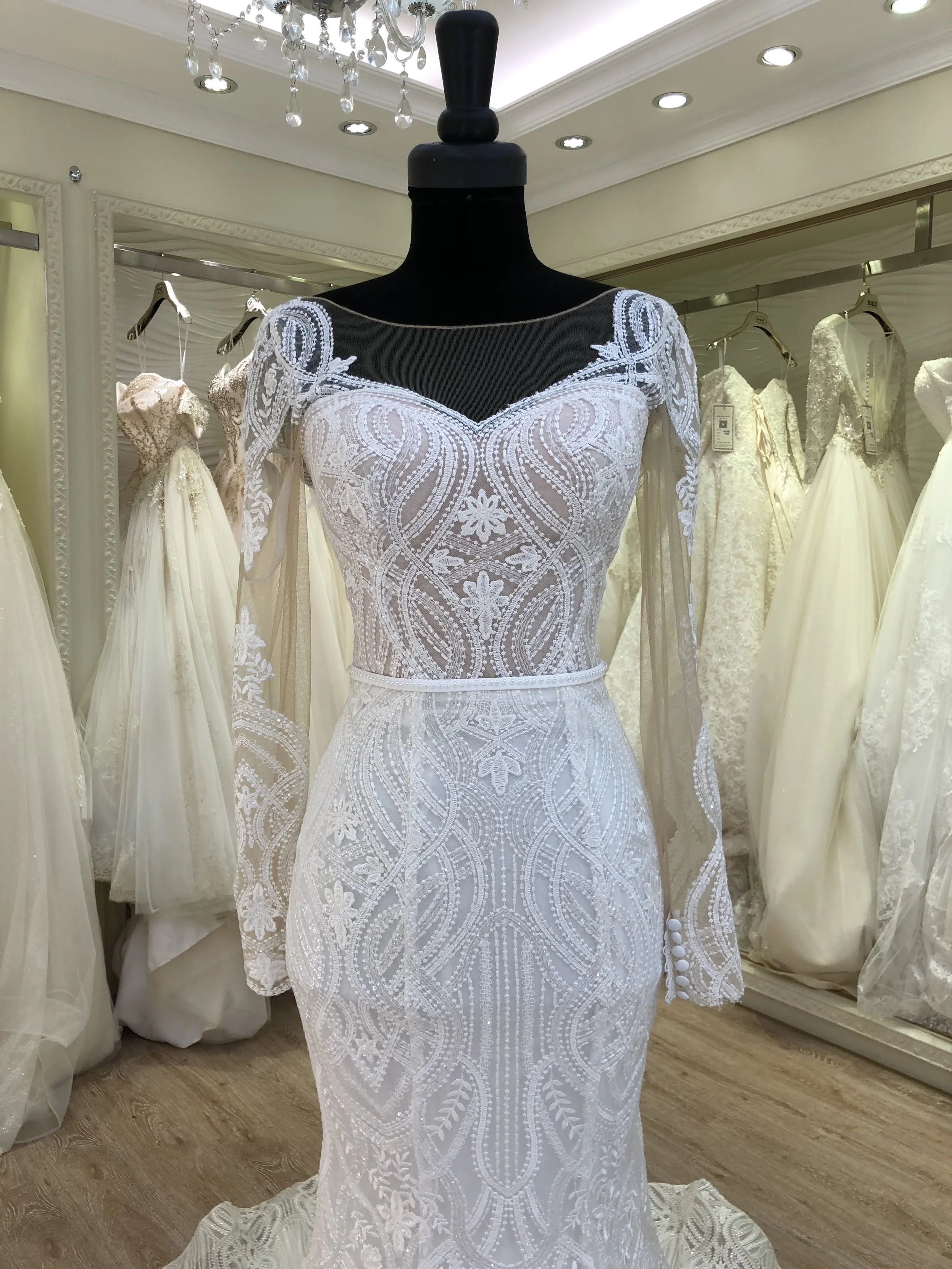2021 lace appliqued long sleeve backless zipper mermaid wedding guest dress