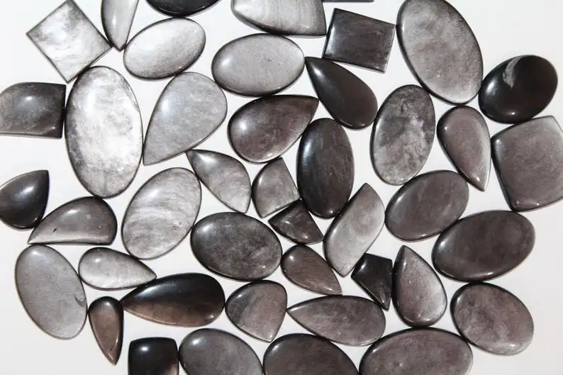 Flashy Silver Obsidian Gemstone Flatback Cabochon Silver Obsidian For Jewelry Making Supply Wholesale Lot For Jewelry Making Use