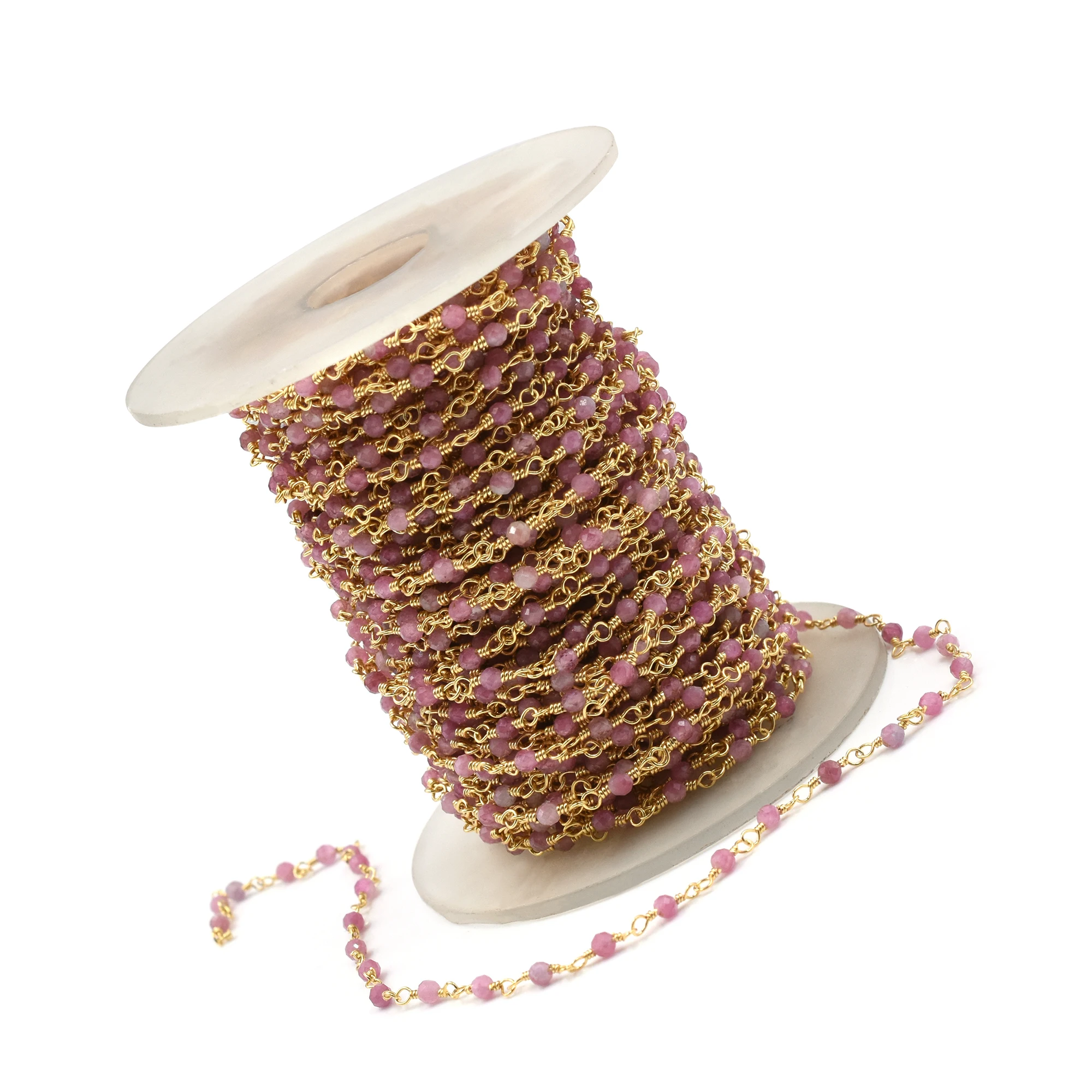 Pink Sapphire Faceted Rondelle Shape Brass Gold Plated Rosary Wire Wrapped Chain Sold by Foot