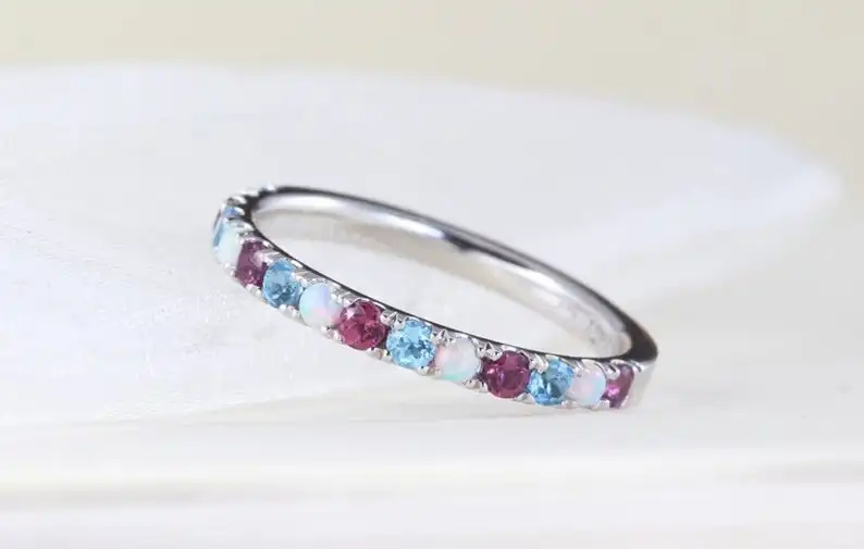 Обручальное кольцо с натуральным опалом гранатом голубым топазом обручальное подходящая повязка для нее серебро 925 пробы ювелирные изделия ручной работы