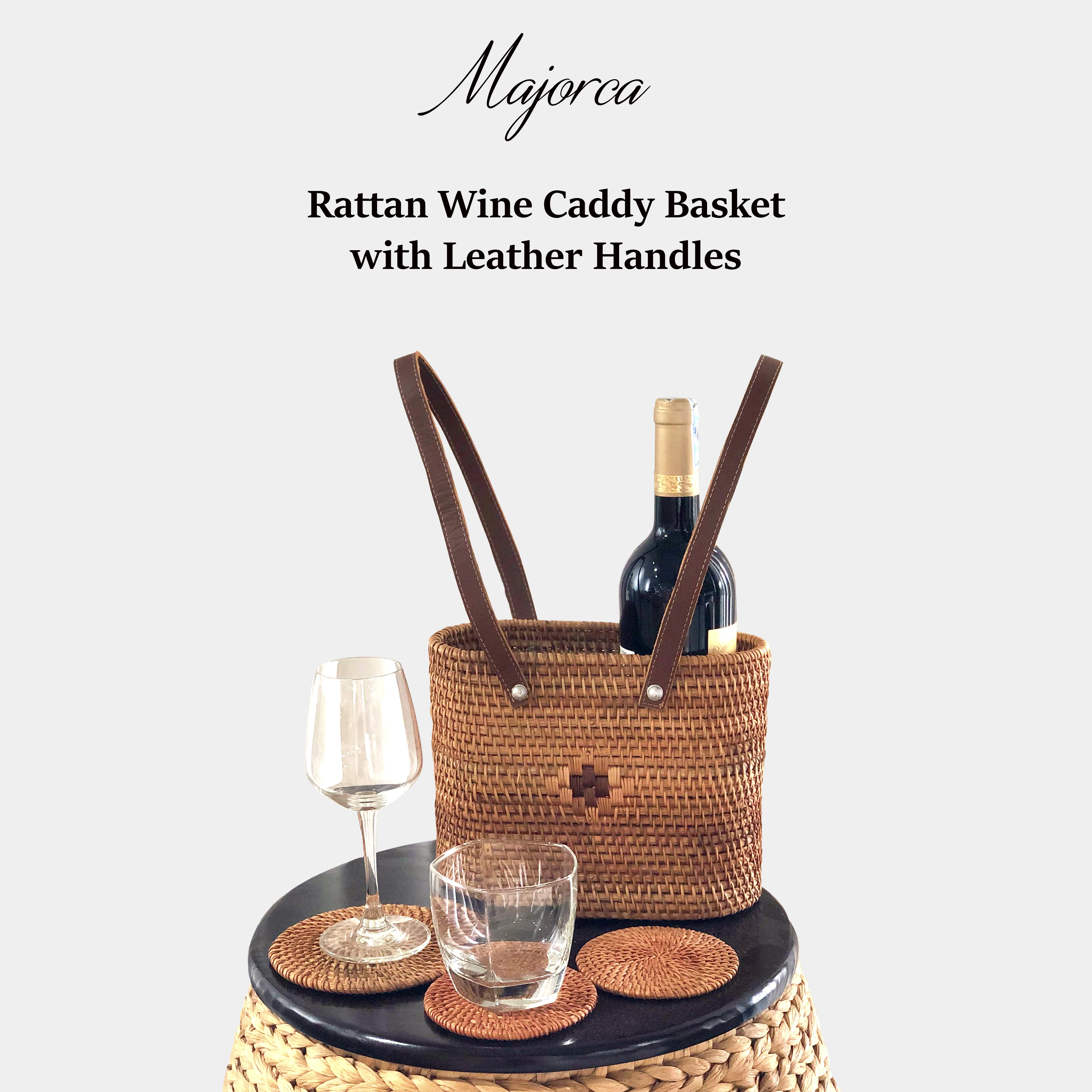 MAJORCA Leather Handles  Rattan Woven Storage Basket For Drinks Bottle Holder Carry Case Camping Wine