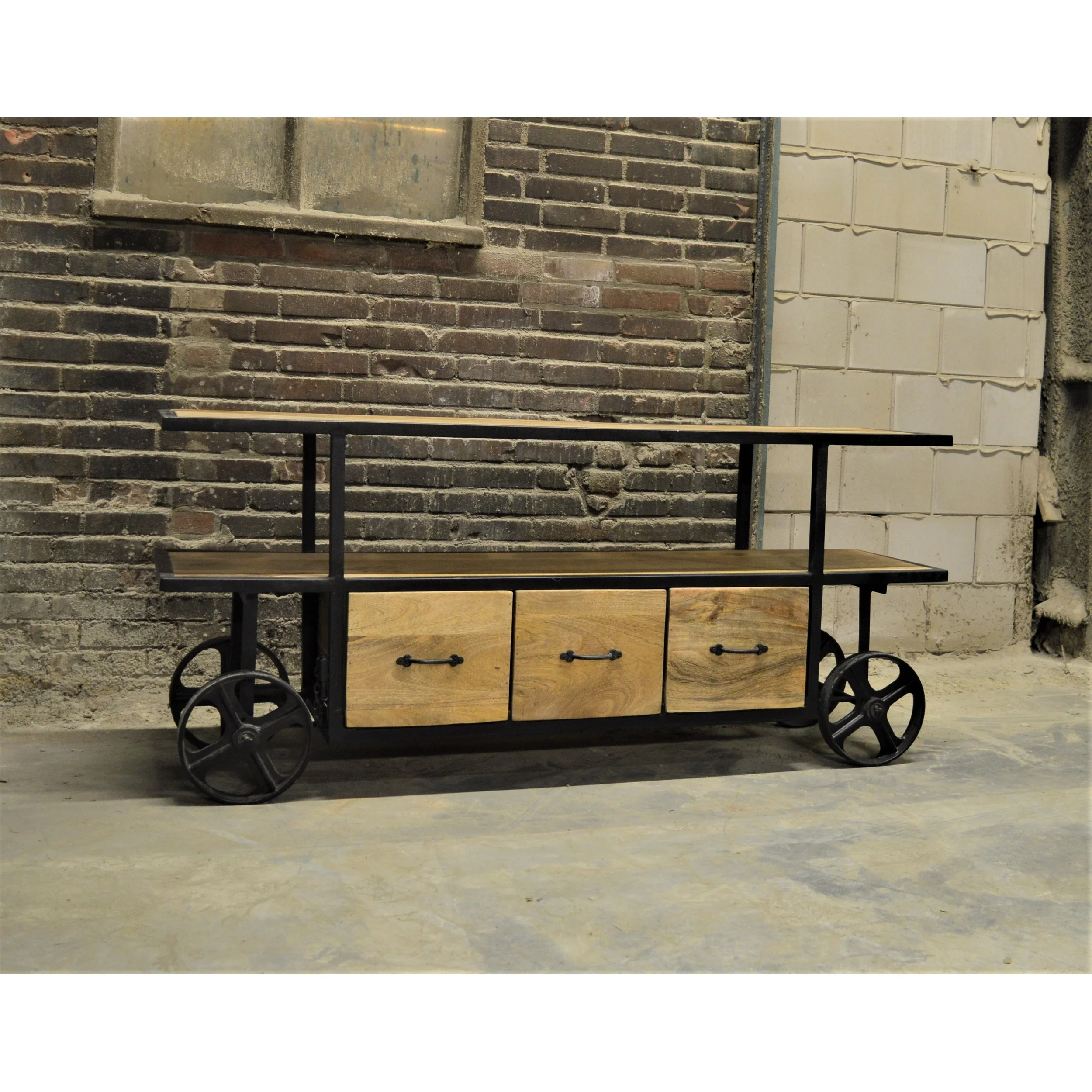 Industrial 2024 High selling console table with storage and wheels New design vintage style industrial console with wheels