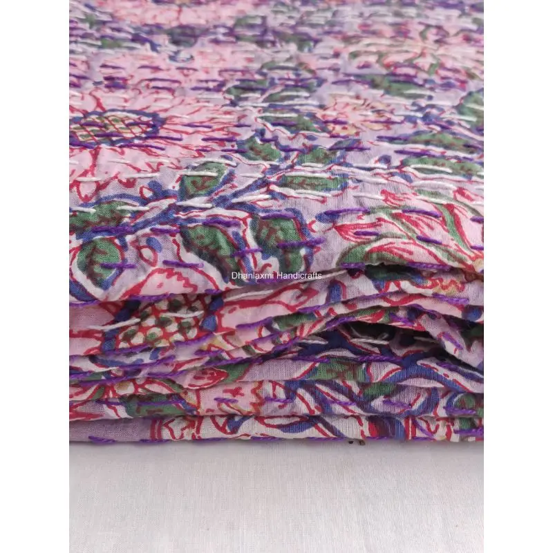 Индийское Хлопковое одеяло kantha с цветочным принтом ручной работы оптовая продажа светло-зеленое покрывало