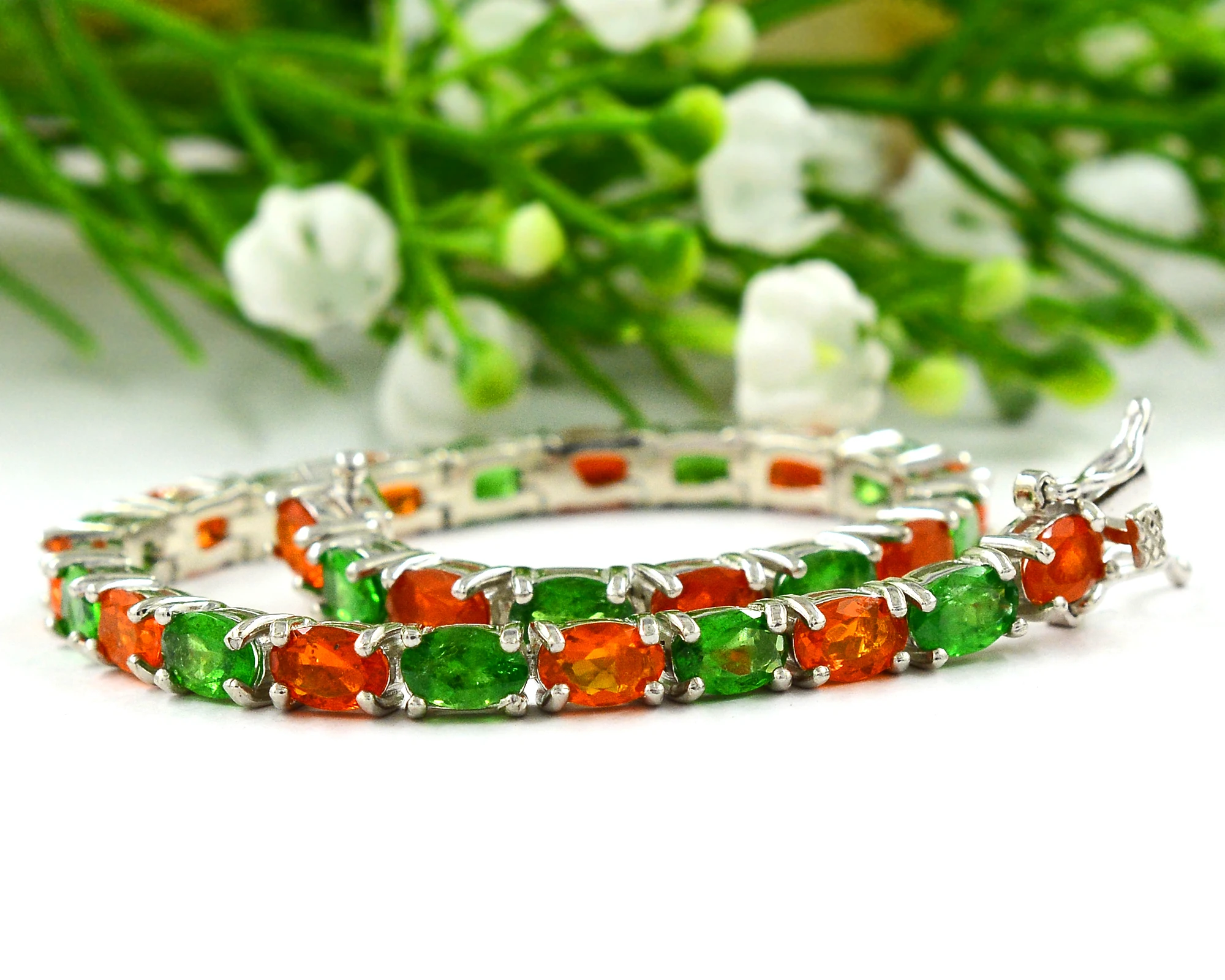 Браслет в стиле тенниса из серебра 925 пробы Овальный женский браслет натурального таворита И мексиканского огненного опала 6 х4 мм от экспортера