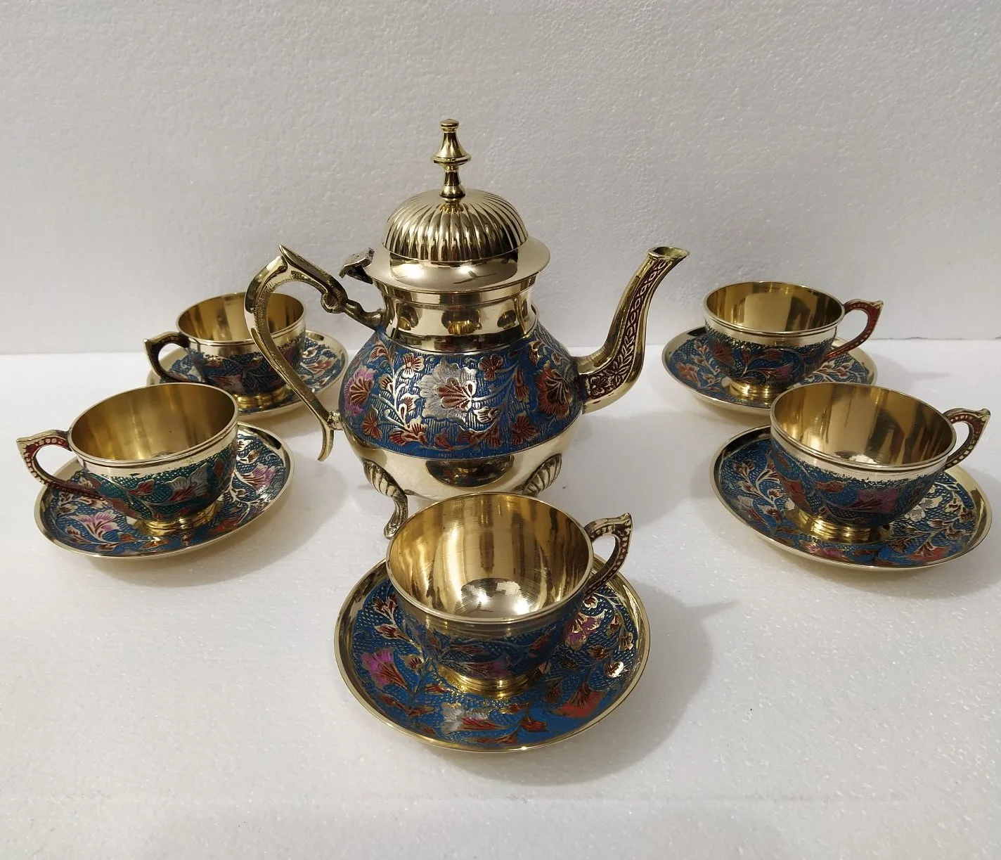 Brass Tea set with cup and saucers enameled and engraved