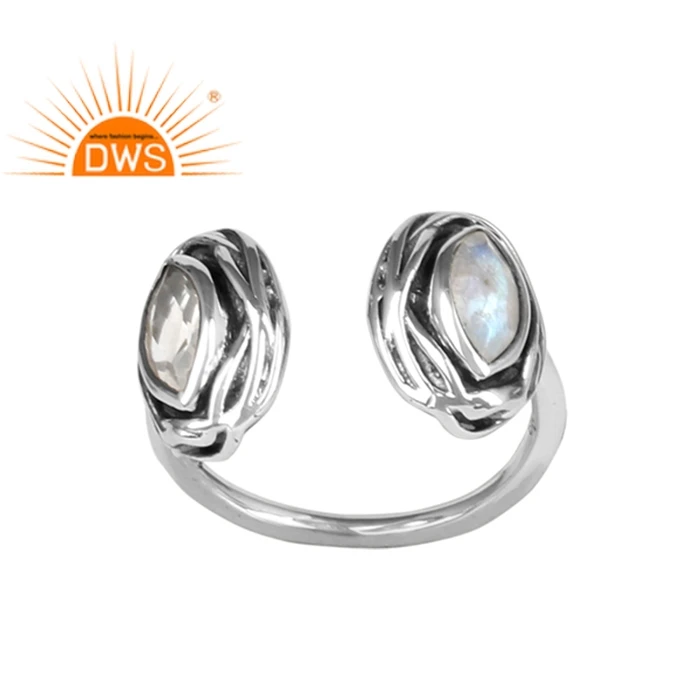 Natural Rainbow Moonstone And Crystal Gemstone 925 Silver Ring Oxidized Jewelry Manufacturer And Wholesaler