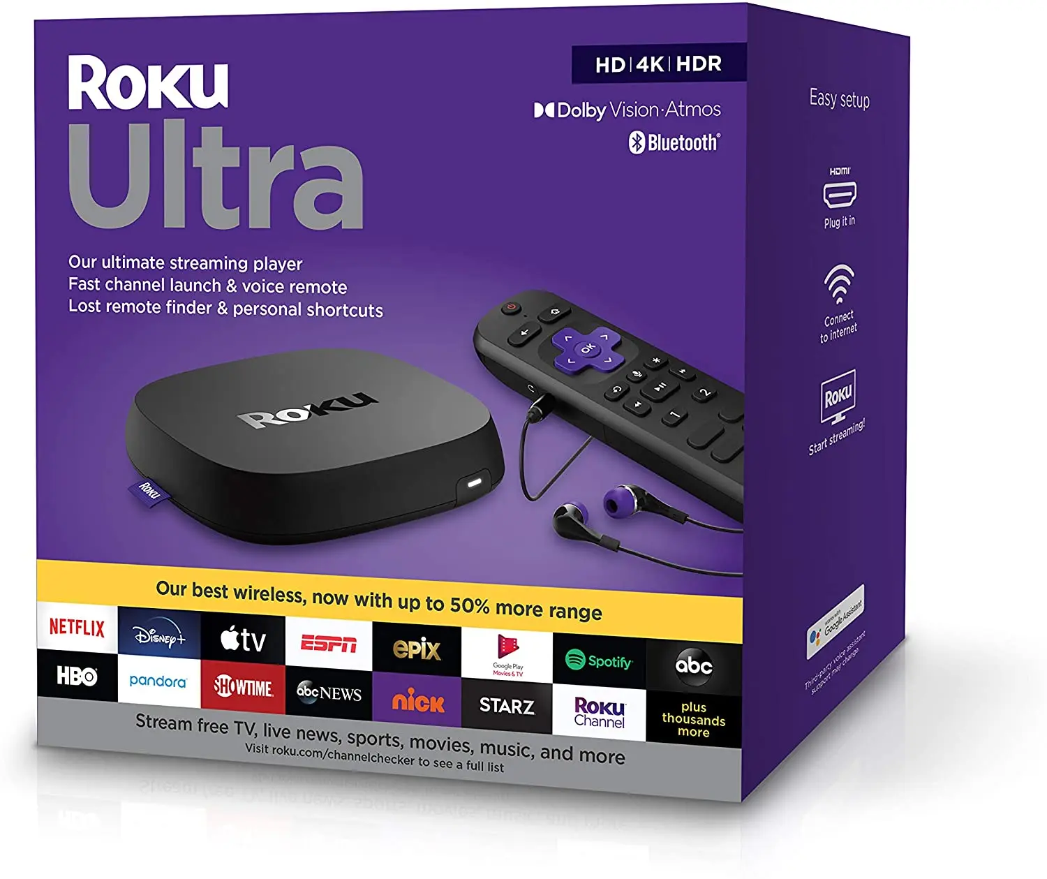 
Медиаплеер для потокового воспроизведения Roku Ultra 4K 4K/HD/HDR 2019 с наушниками премиум класса J B L 