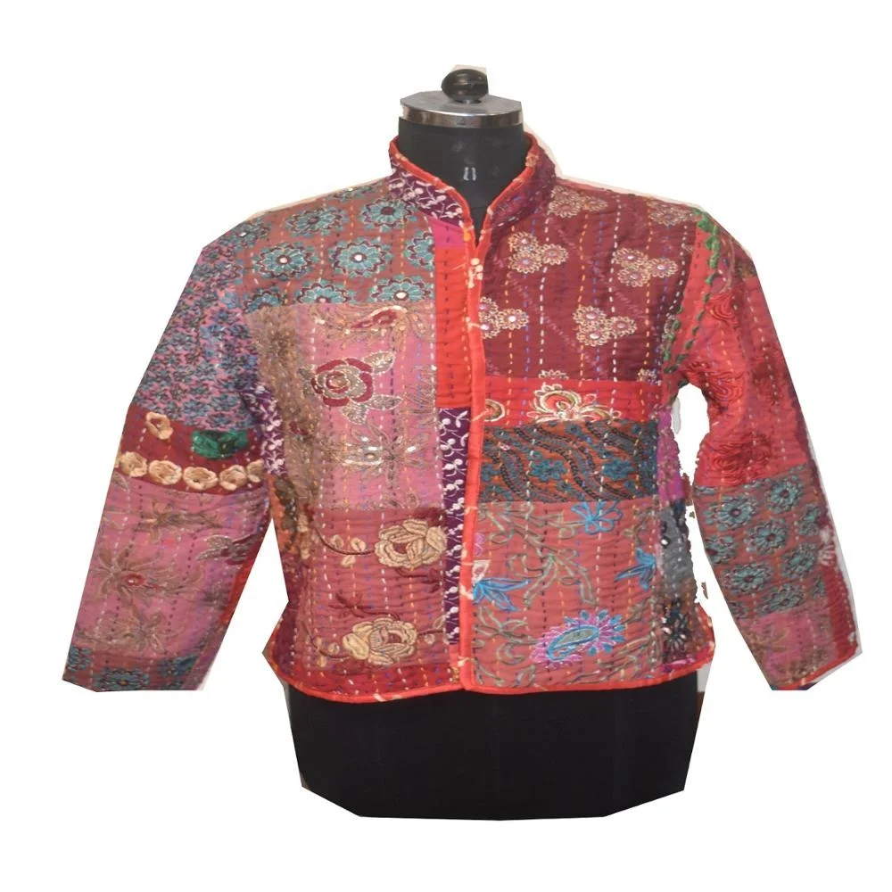 
Indian Silk Patchwork Women Jacket Vintage Silk Sari Handmade patch Reversible Multi patch ladies long cost -Jackets 