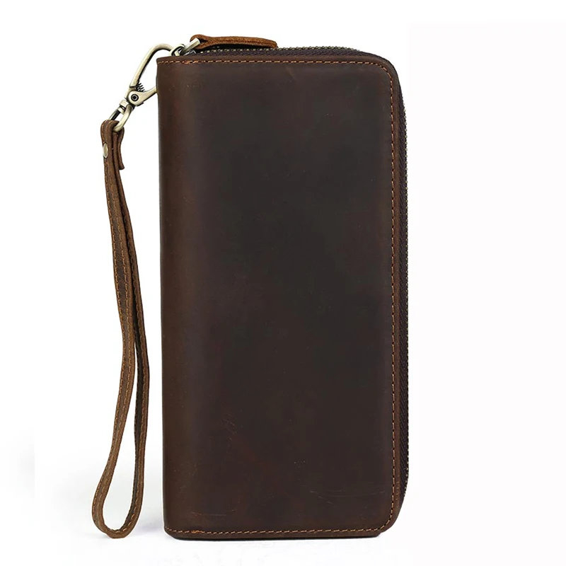 
Custom Vintage 100% Crazy Horse Leather Long Purse Men Handmade Double Zipper Long Genuine Leather Clutch Wallet For Men 