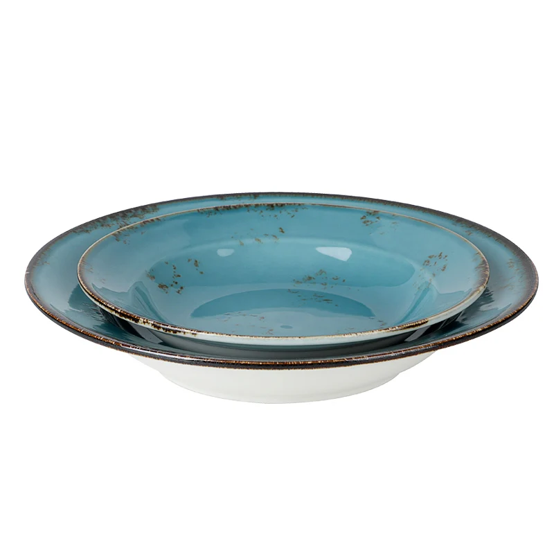 Good Quality 8' Deep Ceramic Soup Plate, Factory Wholesale Blue Color Serving Bowl