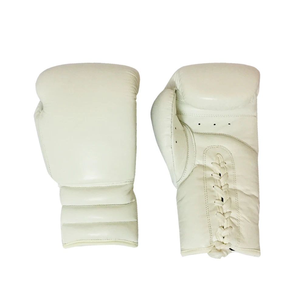 High Quality White Color Cowhide Leather Lace Up Boxing Gloves With Customized Logo Printing