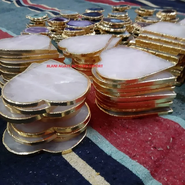 Wholesale Natural Stone Rose Quartz Agate Slices Gold Platted Table & Coaster Heart Pattern Chakra Style Hot Sale Items