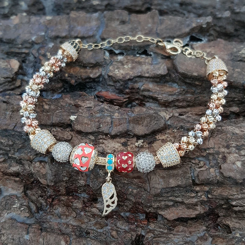 14K Solid Tri Color Real Gold Enamel Lovely Handmade Braided Bracelet Turkish Luxury Artisan Designer Fine Jewellery Beaded New