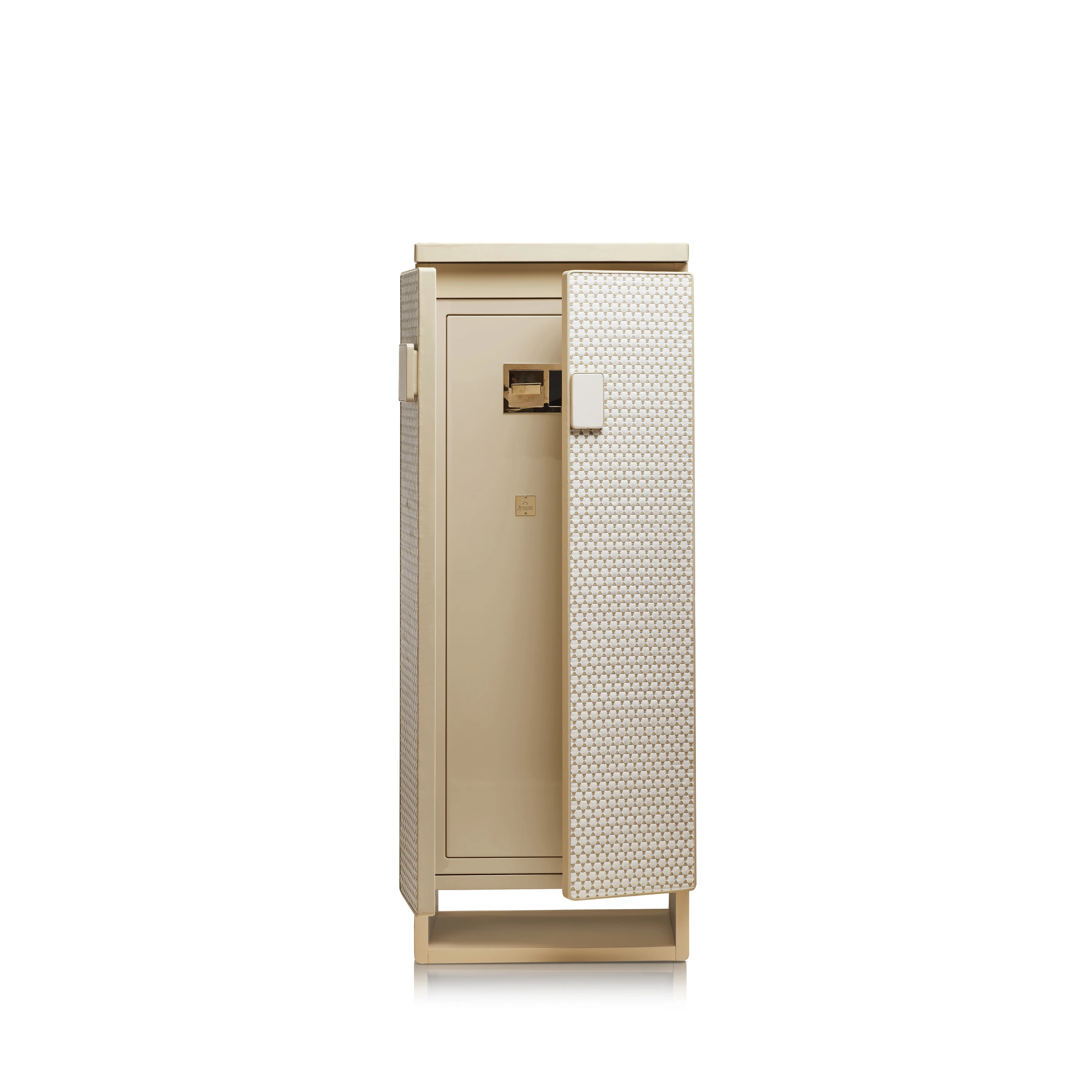 Armored jewelry cabinet covered in white and beige hand threaded leather
