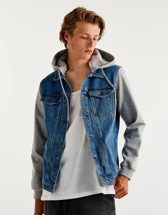 Wholesale Denim Hoodies Jacket Comfortable Fleece Hooded Denim Hoodie Jacket Men Slim Fit Japanese Style Teens Boys Customized