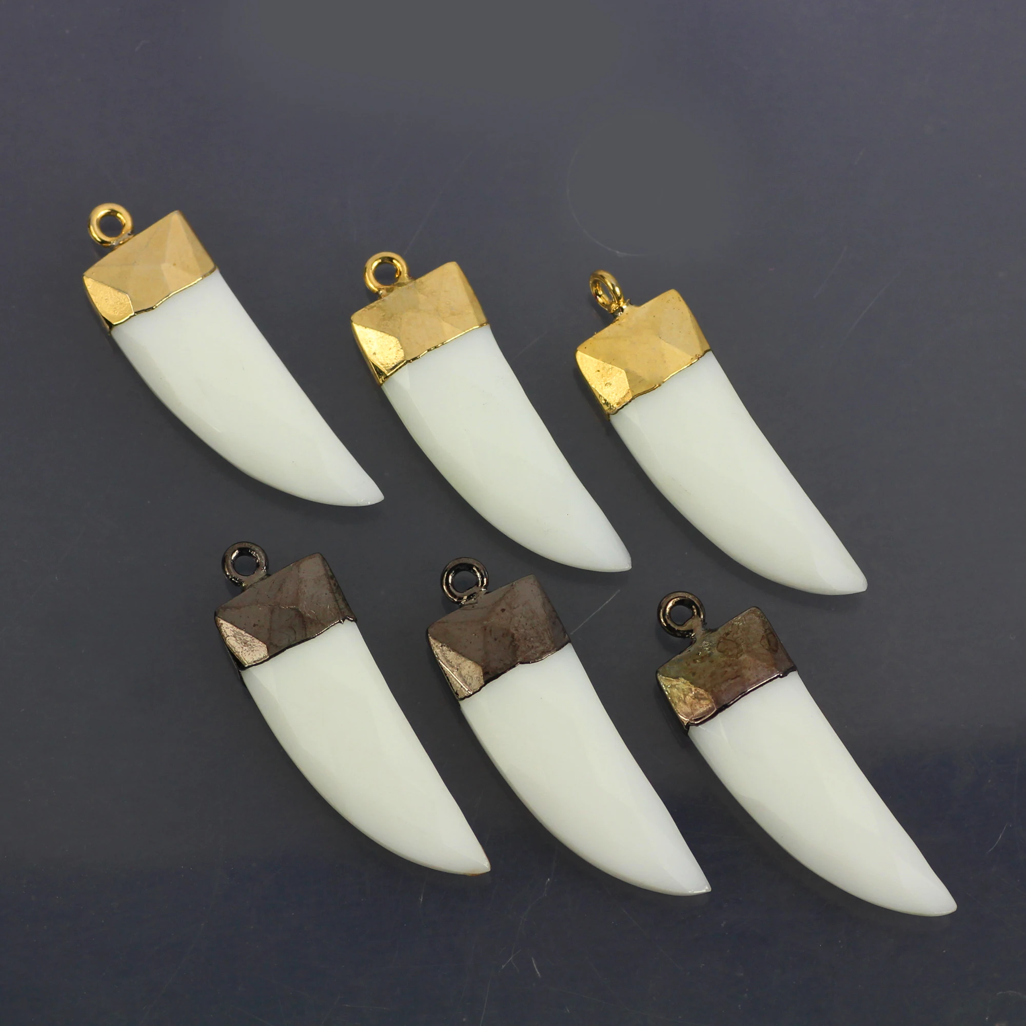 Faceted White Agate Drop Tusk Flat Pendant Horn Rainbow Tooth Spike Shape With Electroplated Gemstone Charms