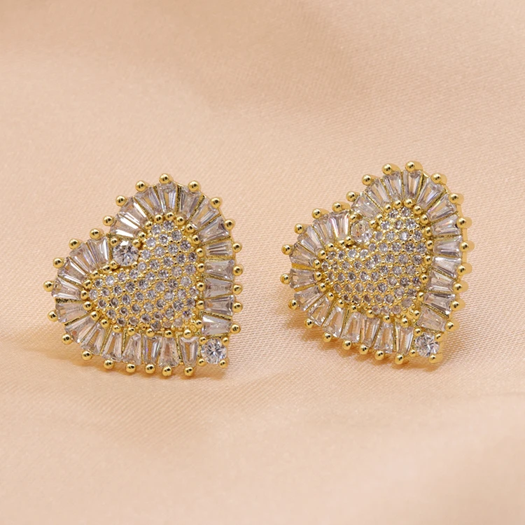 Romantic heart gold brass cz stud earrings 2020 fashion women fashion earrings