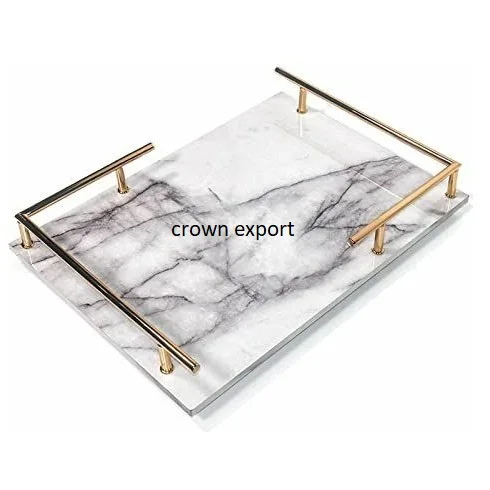 Excellent Marble Serving Tray Rectangular White & Black Marble Trinket Tray For Jewelry Granite Tray with Gold Plated Handles