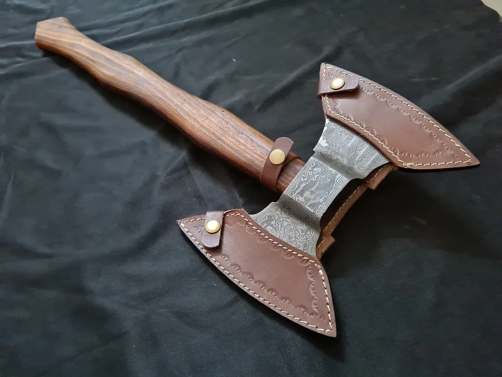 custom handmade Damascus steel double edge blade Axe with leather cover