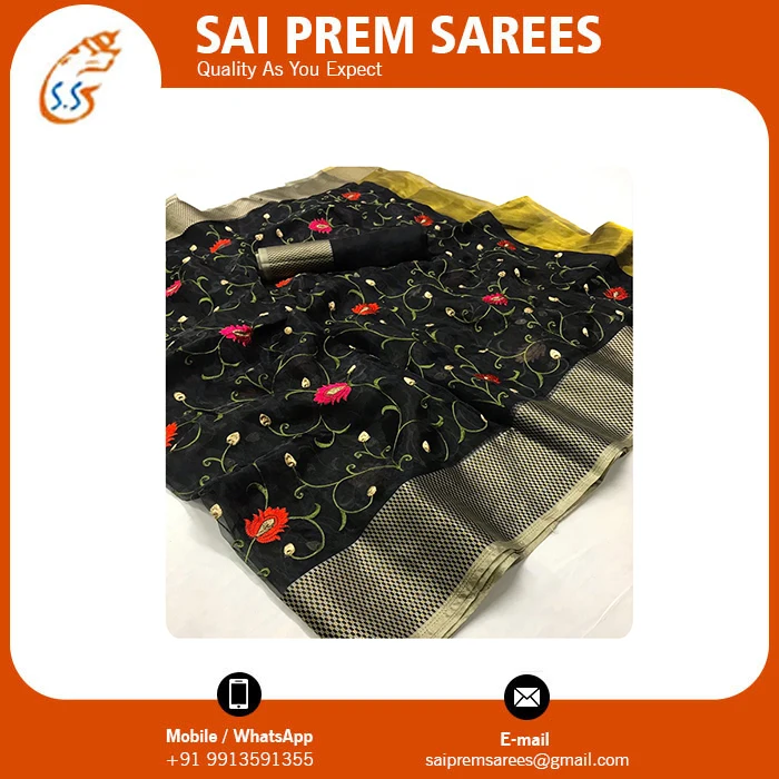 Beautiful Hand Work Saree With Tissue Work And Golden Heavy Border From Indian Wholesaler