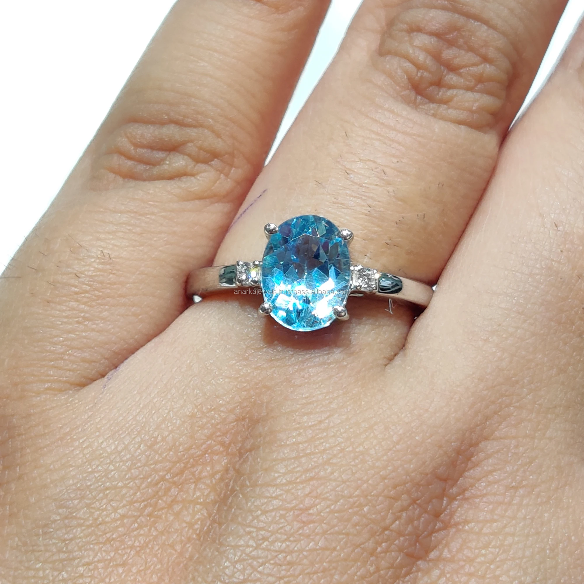 
Simple Sky Blue Topaz 925 Sterling Silver Ring Semi Precious Gemstone Ring 