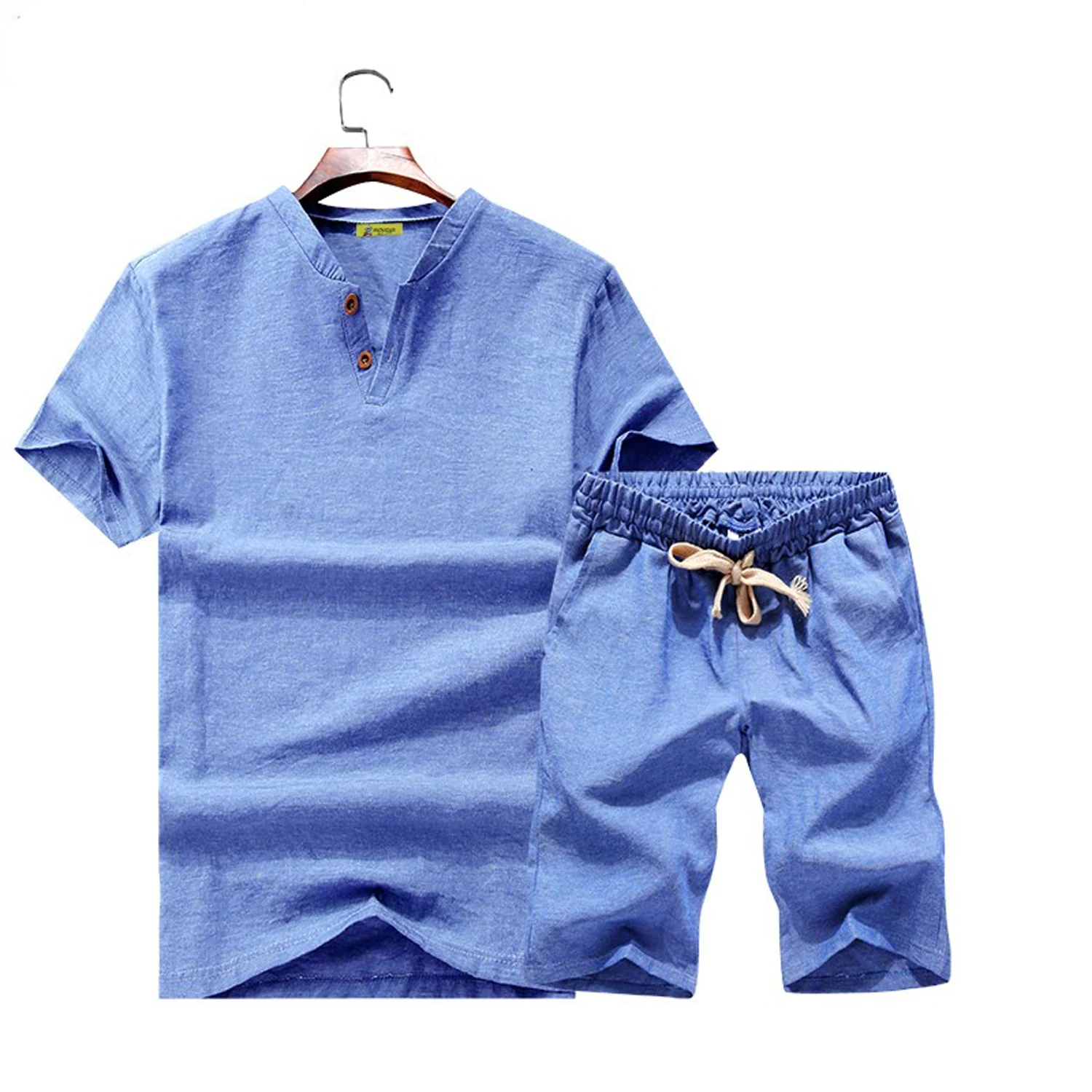 
Men T-shirt Shorts Set Linen Male Shirt Short Sleeve Shorts Two Piece Set Tracksuit Summer Comfort 
