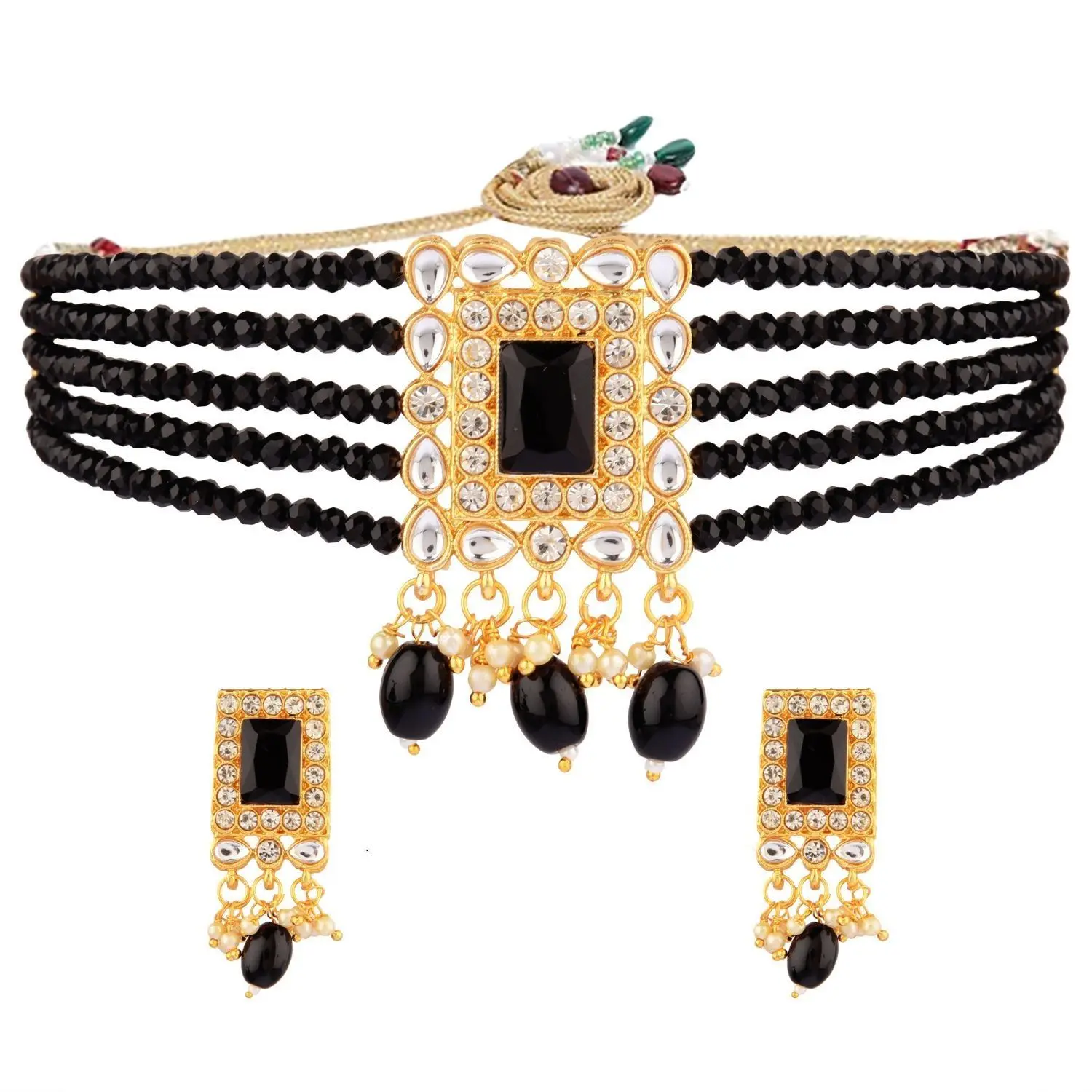 Manufactures Faux Pearl Beaded Crystal Choker Necklace Earrings Bridal Jewelry Set For Women, Black