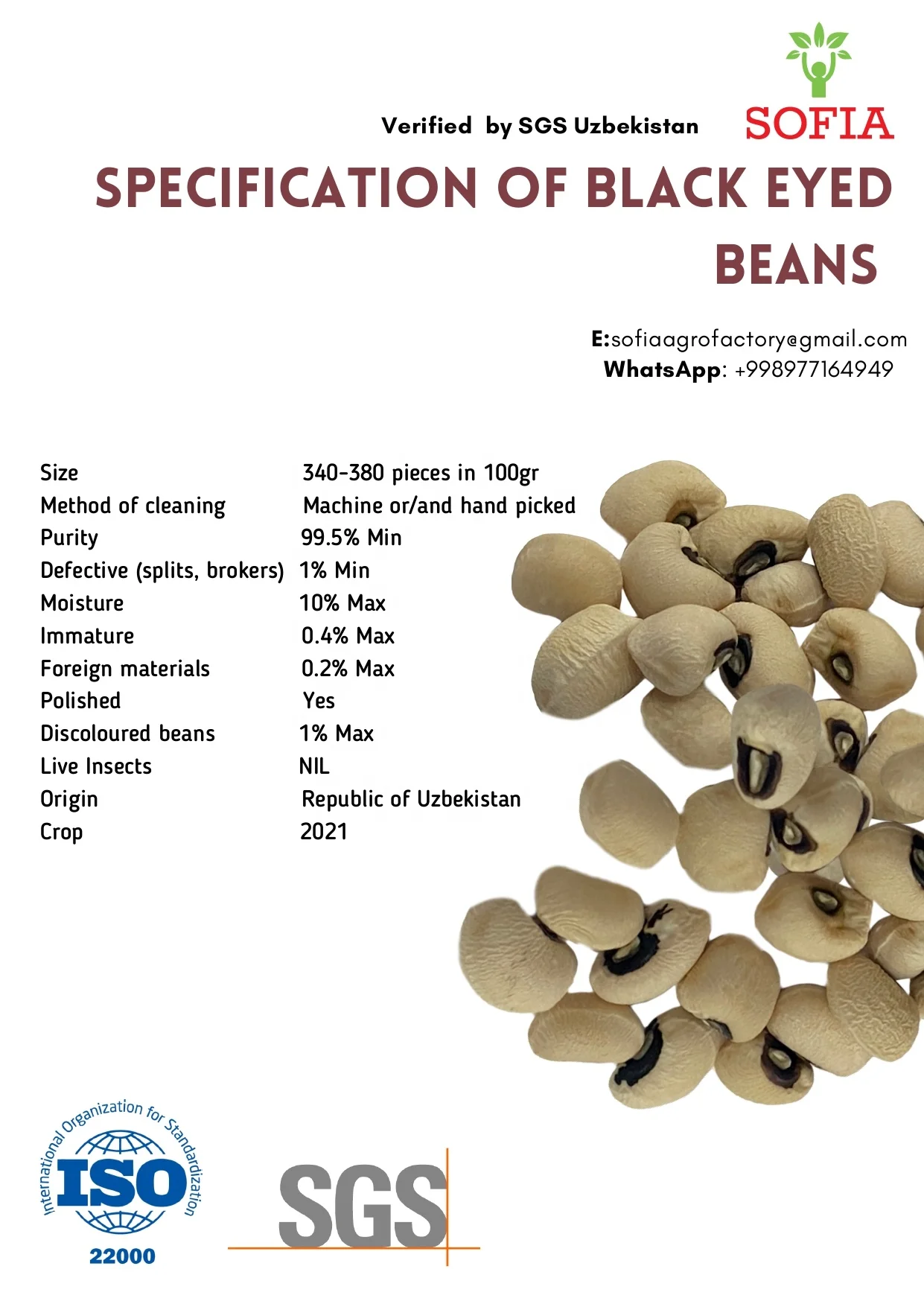 Sofia Agro crop 2021 October wholesale good quality from Uzbekistan bags 25 kg natural dried black eye beans