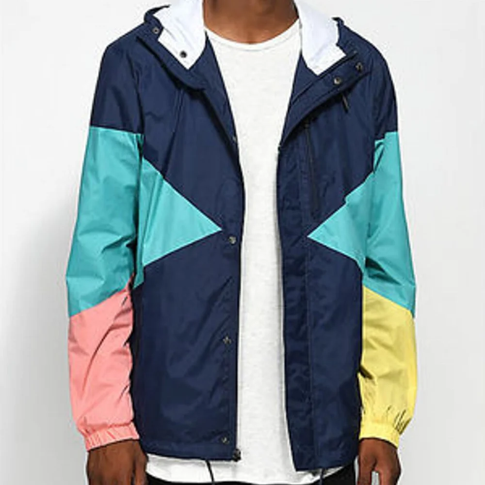 Oem Full Zipper Color Block 100% polyester Waterproof Jacket  Custom Windbreaker Jacket Men