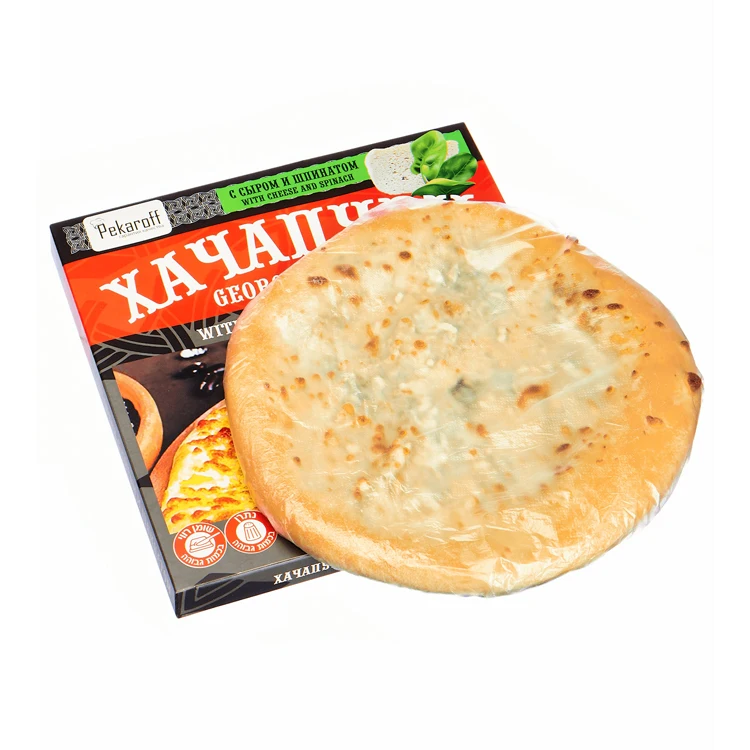 Private label frozen Khachapuri cake with cheese and spinach ready for use in a heated form, bakerie