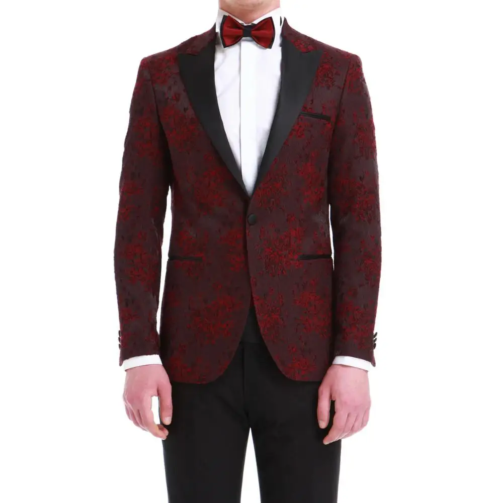 Пиджак мужской атласный бордовый с V-образным вырезом и вырезом