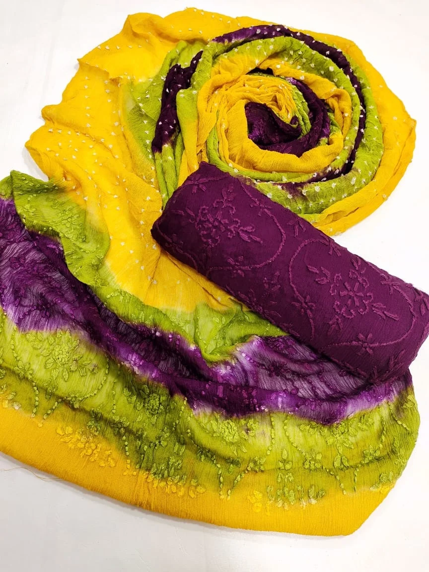 Pakistani Handmade Colour full Chunri Dupatta with Embroidered Kameez Unstitched 3 piece Suit in Premium Packaging