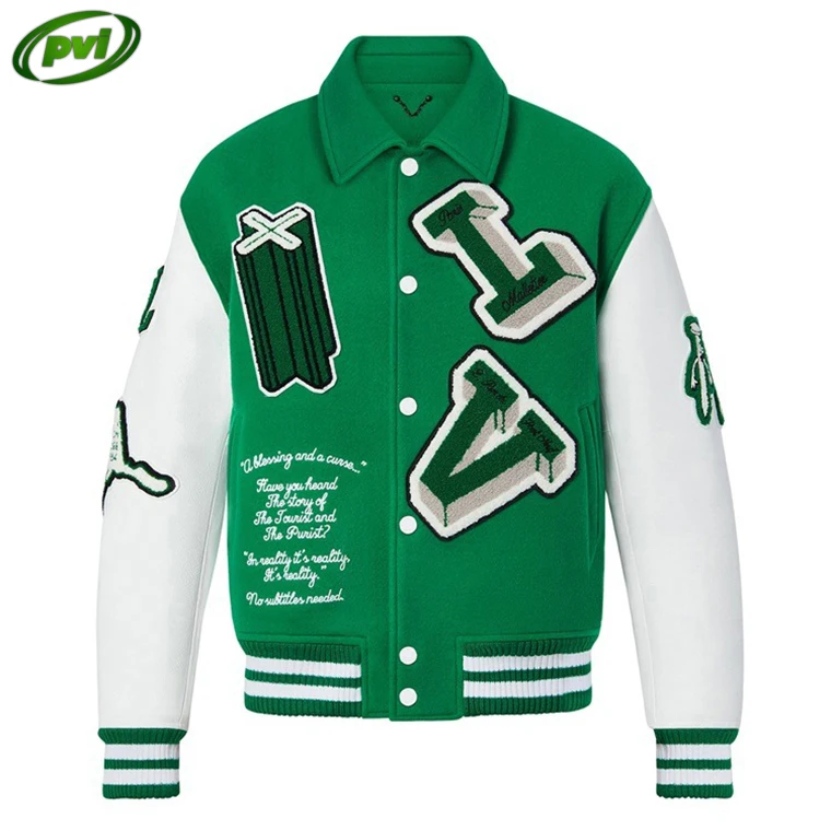 OEM custom chain chenille patch embroidery leather sleeve vintage baseball letterman varsity jacket for men