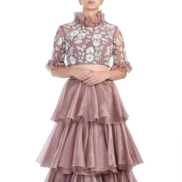HEAVY EMBROIDERY WORK RUFFLE STYLE CROP TOP SKIRT/ LEHENGA CHOLI BELL SLEEVES Western BOLLYWOOD FASHION bridesmaid wholesale