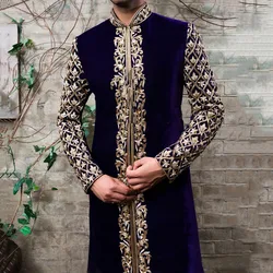 SIPO Luxury Muslim Male Stand Collar Long Sleeve Gold Outwear Islamic Arabic Abaya Turkish Robe Dubai Kaftan Clothing Man