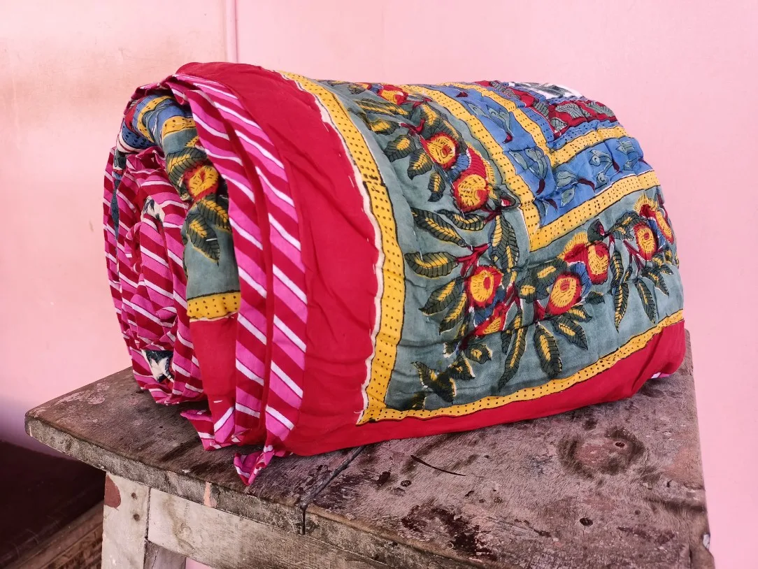 Luxurious Hand Block Printed Quilted Quilts For Home Bedding & Living Decor, Colorful Print Blanket & Comforter For Home Textile