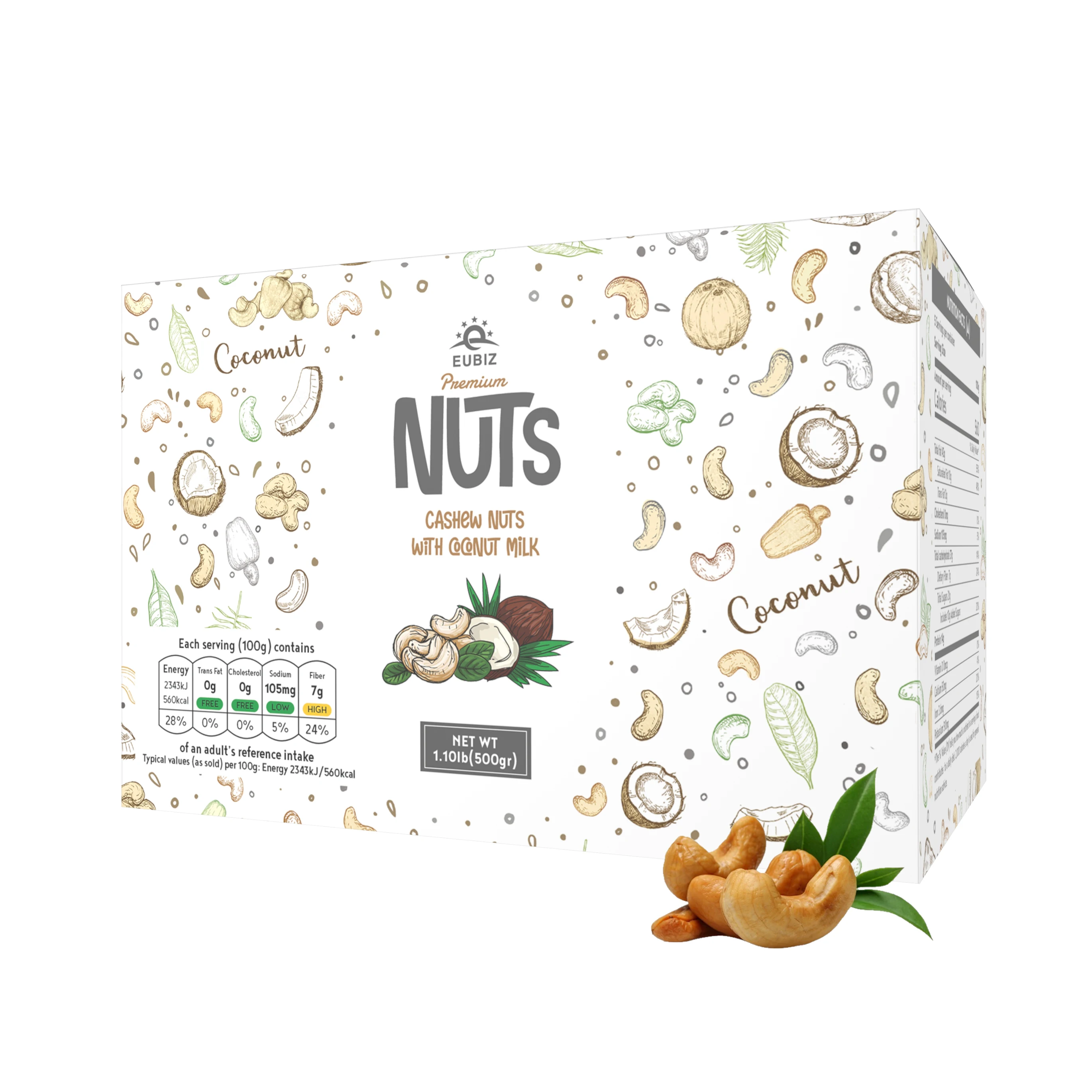 EUBIZ Cashew nuts Flavor Coconut milk - Where Do Cashew Nuts Come From - No Testa Shell - Box (paper) 500g (17.7 OZ) - VietNam