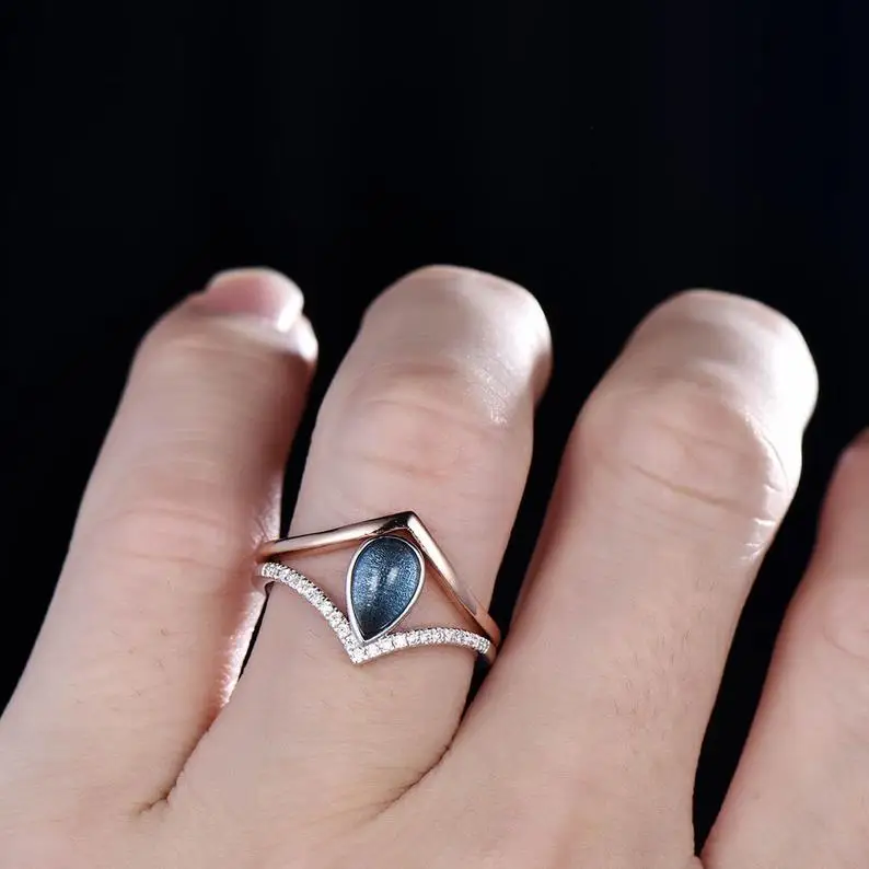 London Blue Topaz Engagement Ring Unique Wedding Set November Birthstone Band 925 Sterling Silver Hand made Jewelry